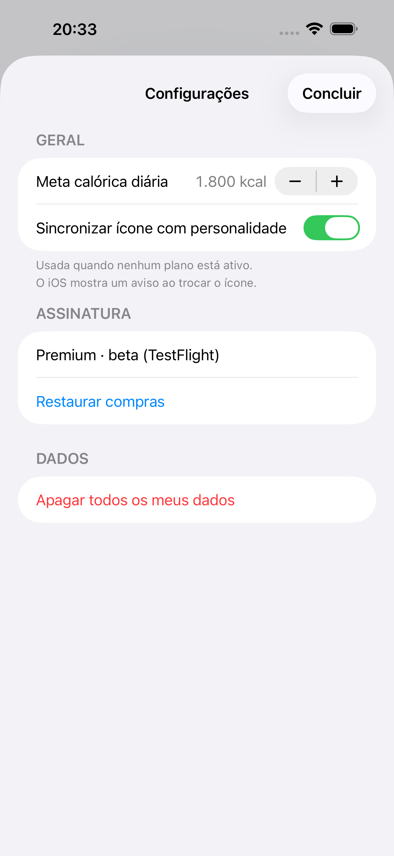 Tela de configurações
